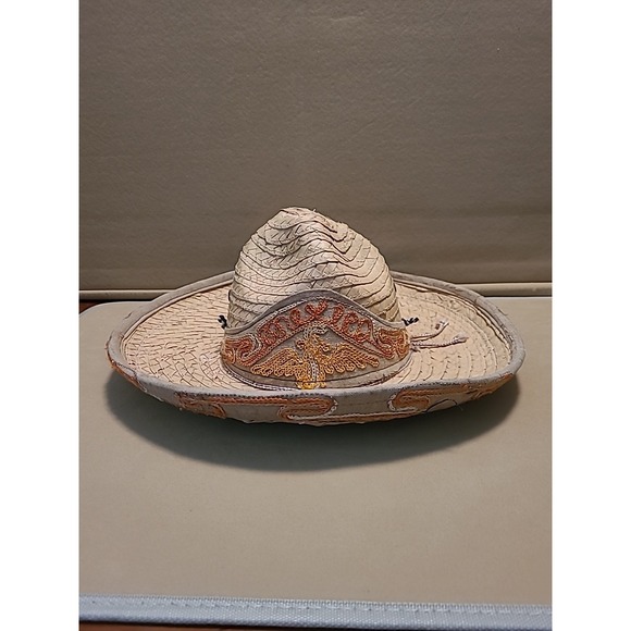 The Unbranded Brand Accessories - Vintage Straw Hat Woven With Design Embroidered‎ Orange Yellow Small 7" Opening